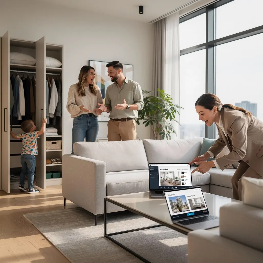 Скриншот платформы поиска недвижимости с виртуальным туром по квартире.