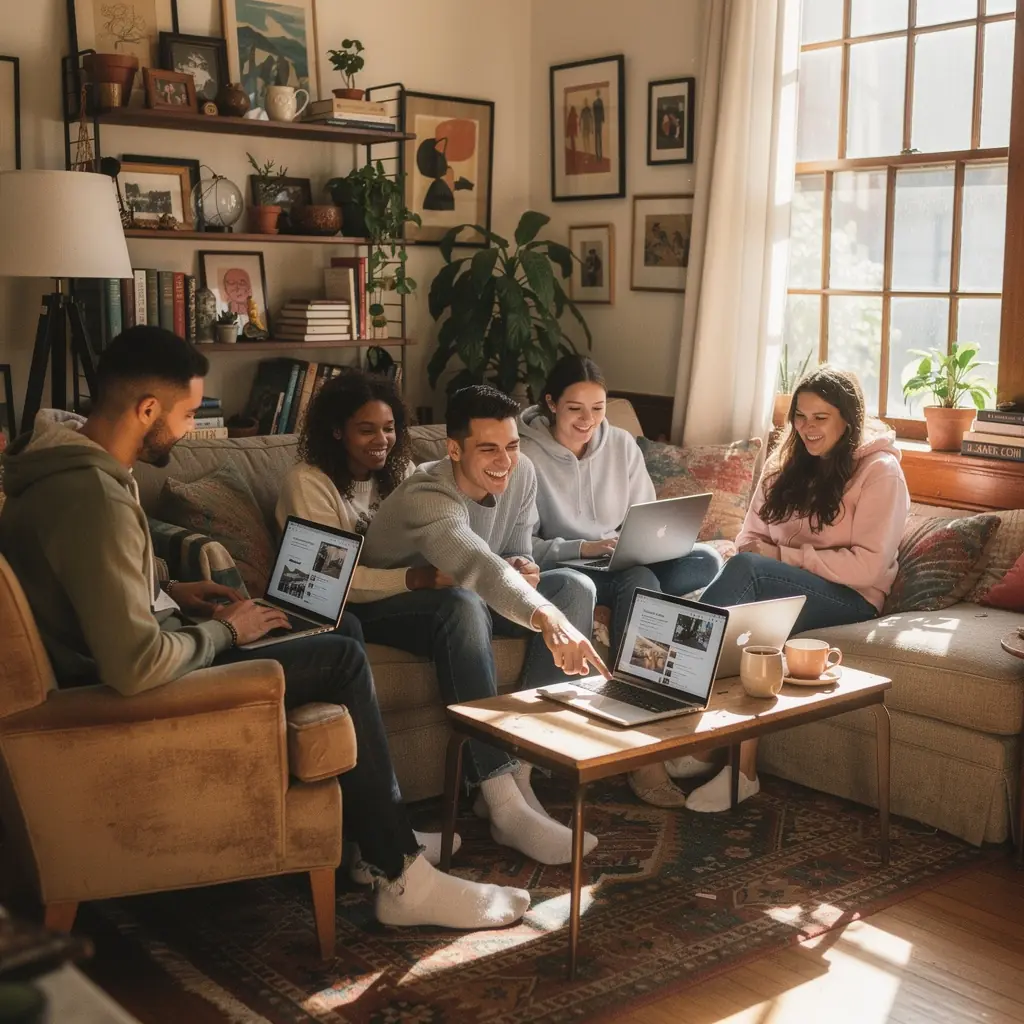 Интерьер уютной квартиры с стильной мебелью и большими окнами.