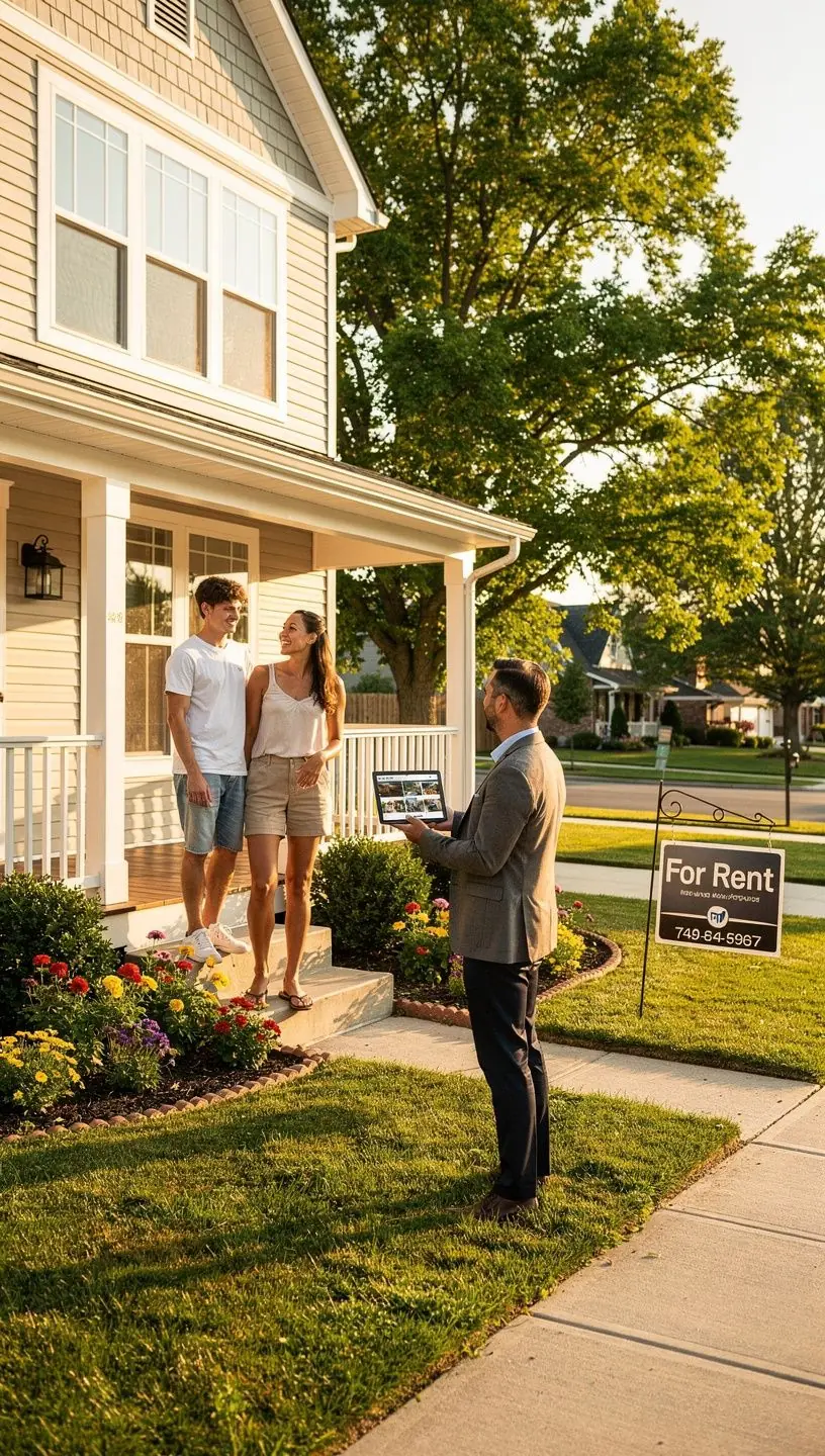 Современный дом с уютным интерьером и зеленым двором, доступный для аренды.