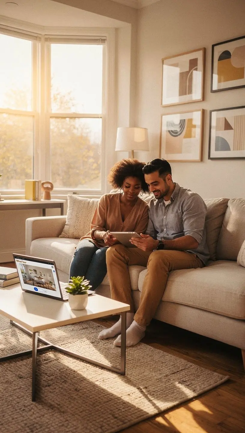 Изображение уютного дома с зеленым двором и парковкой для автомобилей.