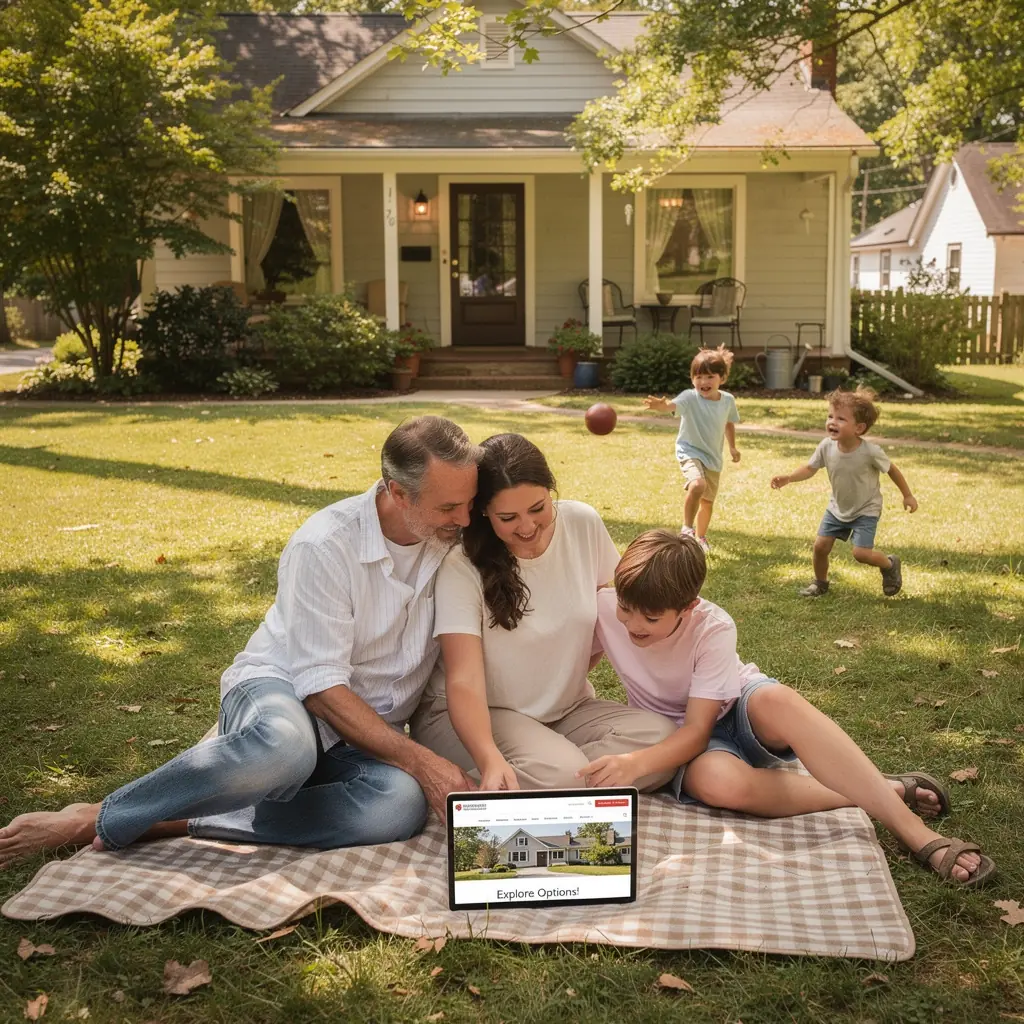 Семья, рассматривающая варианты аренды жилья на планшете.